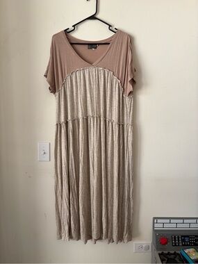 Two-Tone Taupe & Beige V-Neck Maxi Dress